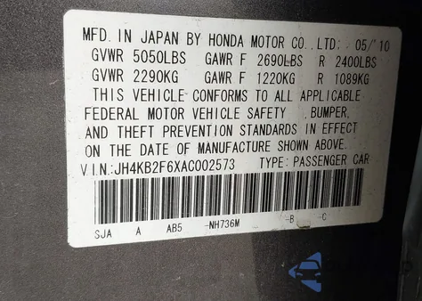 2010 Acura Rl 3.7 from USA, damaged, VIN JH4KB2F6XAC002573